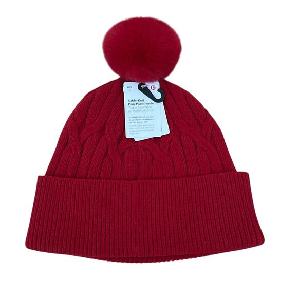 Lululemon Womens Cable-Knit Pom-Pom Beanie Dark Red NWT - Picture 3 of 5